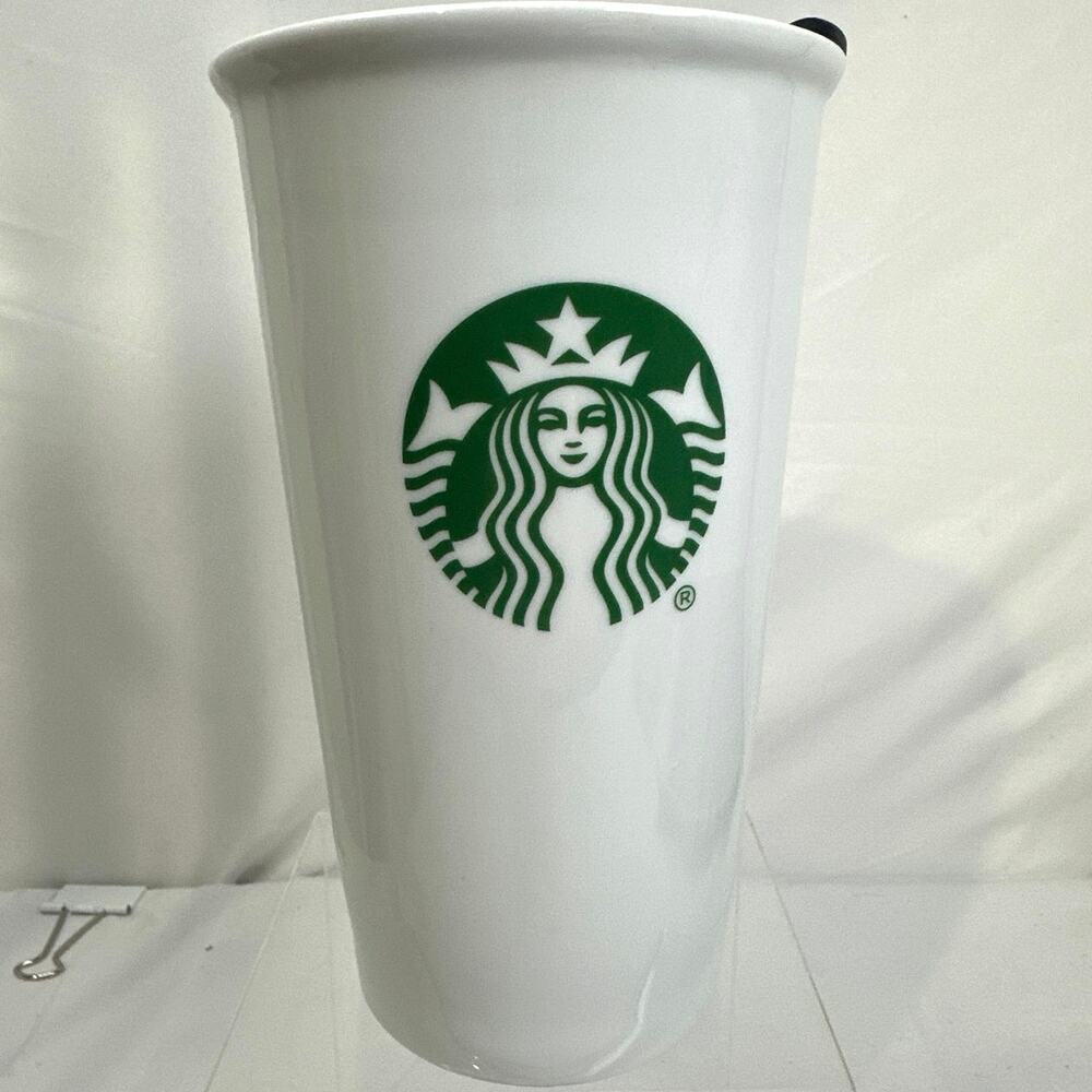 Rare Starbbucks 10 FL OZ. Ceramic Coffee Cup Mug White Green Logo w/Lid